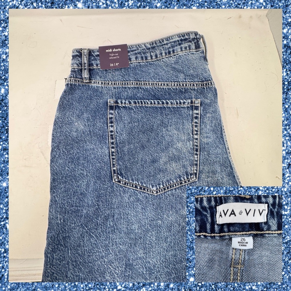 Ava & Viv Midi Shorts Women 26 Blue High Rise Relaxed Fit Acid Wash Denim
